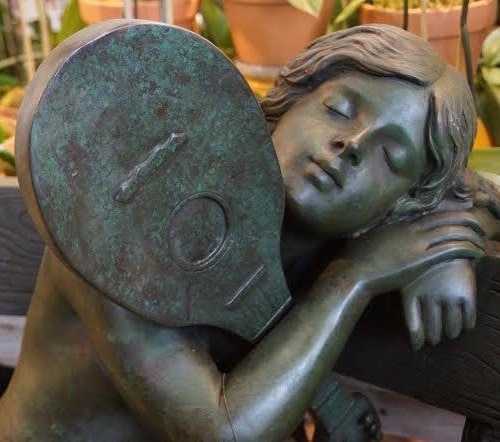Lady Bronze Statue-Lady With Lute On A Bench - image LadyBronzeStatueLadyWithLuteOnABench on https://www.riveroaksplanthouse.com